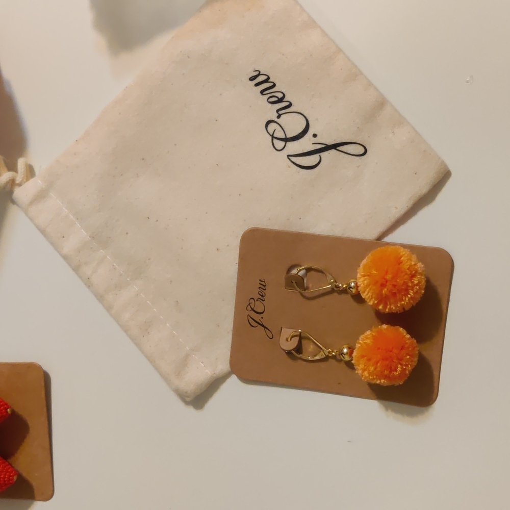 J. Crew Mini Pom Pom Earrings New! Orange peony